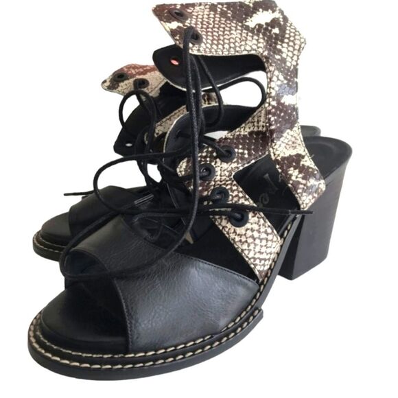 Free People Snake Print Lennon Leather Sandal Block Heel Lace Up Cutout 39 - Picture 4 of 8
